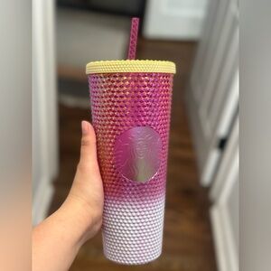 Starbucks Pink and White Studded Tumbler with Yellow Lid